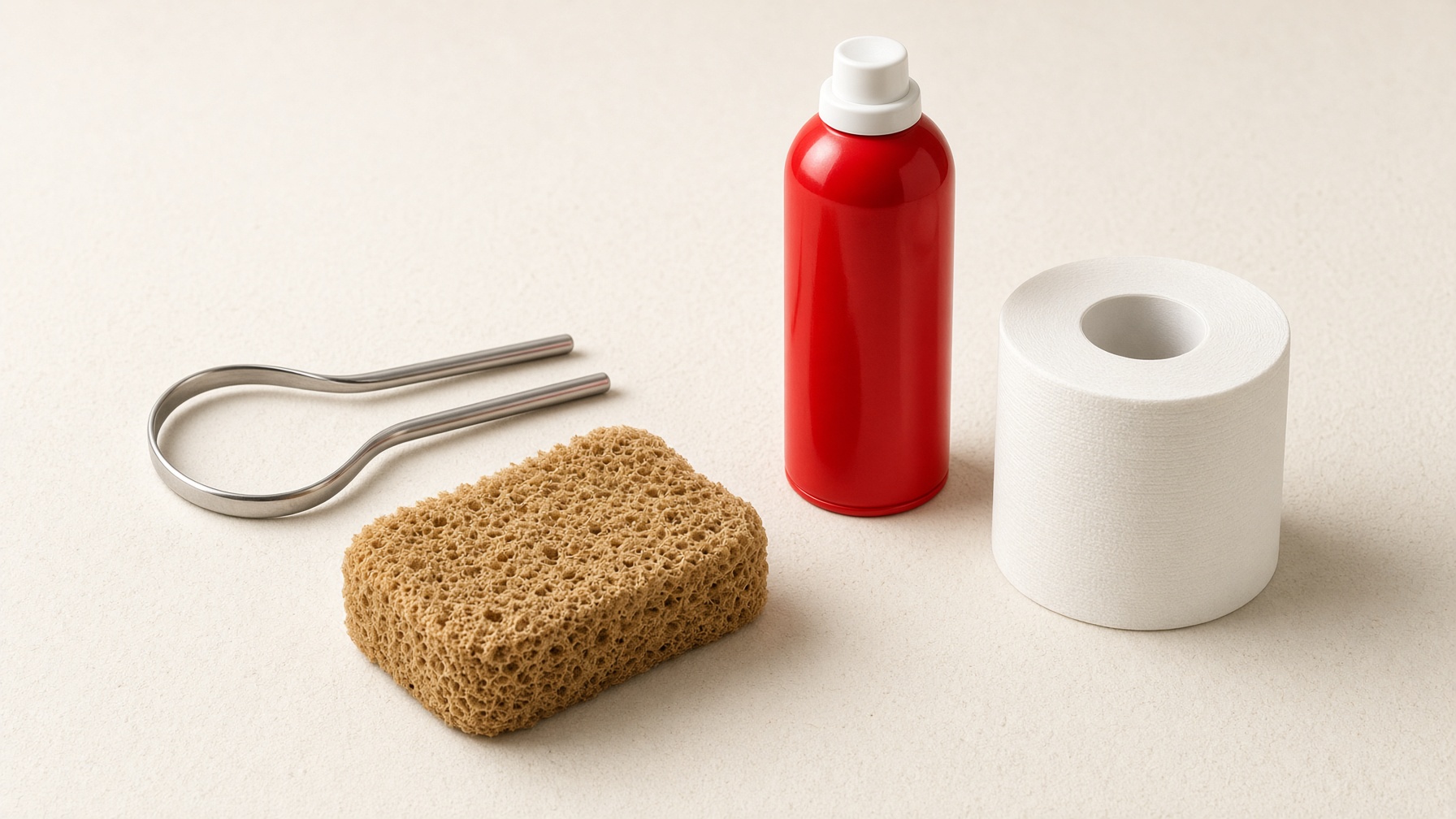 Hygiene Bundle: scraper, sponge, red can, and ritual paper on cream archival paper