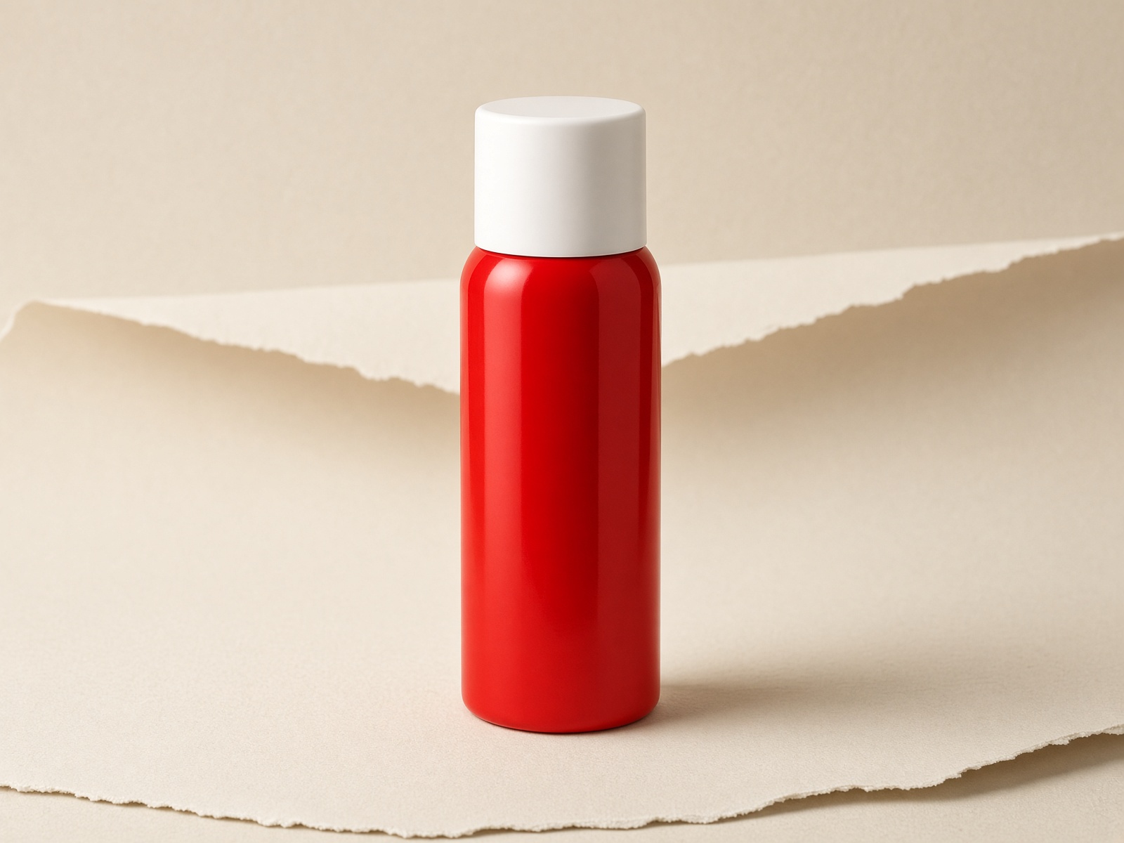 An unlabeled red aerosol can on cream archival paper